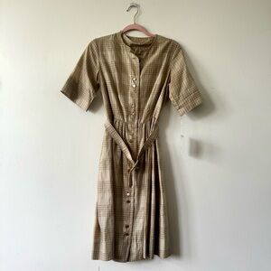 Vintage Tan Gingham Style Button-Down Dress